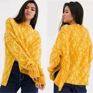 Free People Vibrant Yellow Patterned Sweater